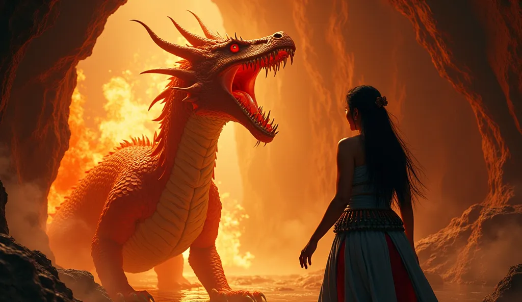 The Fire Dragon rearing up in rage, its jaws open as it lets out a furious roar, shaking the cave walls. Its glowing eyes fix on "Princess Among" (A Malaysian woman with long black hair is wearing a long tribal-looking dress that is blue on top, has a long...