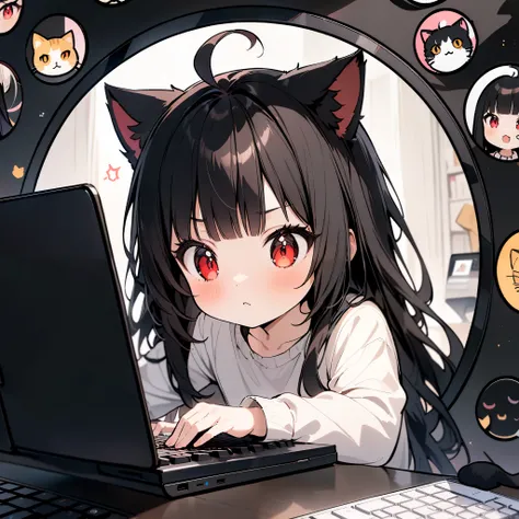 (circle frame1.7),1girl,solo, ,(((cat girl, cat ears)), (red eyes), (long hair), (( black hair, (Ahoge), straight bangs,)),,, masterpiece art, on the computer, keyboard, pc,typing on the keyboard, cute girl,icon, circle frame,