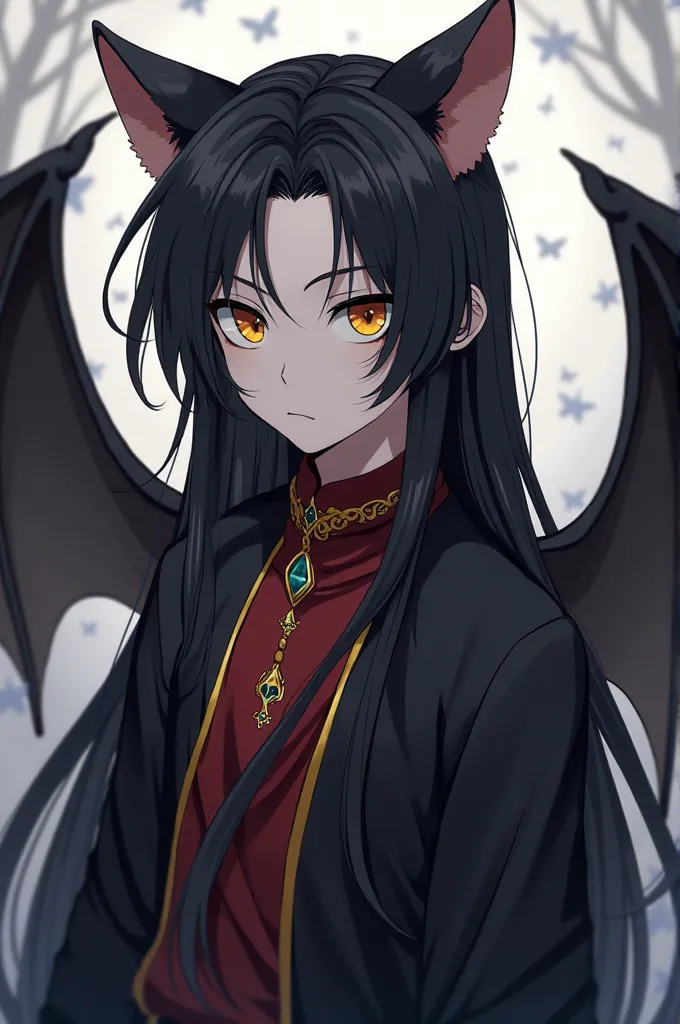 "Generate an image in a TV anime “Kuroshitsuji” style of a pale boy, with long black hair, carbonated skin, wearing aristocratic clothing, with pointed ears, golden eyes with cat pupils, and bat wings."