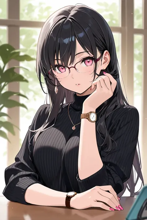 ((best quality)), ((masterpiece)), 1girl, black hair, pink eyes, manicure her nails with nail polish, megane, watch in right hand, hair flow