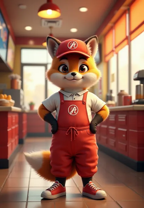 photorealistic full body portrait of Dressed animals - a ((fat)) (baby red fox) fast food worker,(art by Carne Griffiths),(happy smile:1.5),(furry), high quality,(lovely) hands on hips,, (Wearing fast food shop uniform) , (wearing apron and shirt with logo...