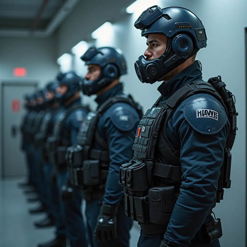 Futuristic senior officers in dark blue ballistic armor (with light scuffs and scratches), tactical helmet with gas mask and unobtrusive military hawk logo,  short beard and mustache ,  determined look , Conceptual Style (concept art), semi-profile, cinema...