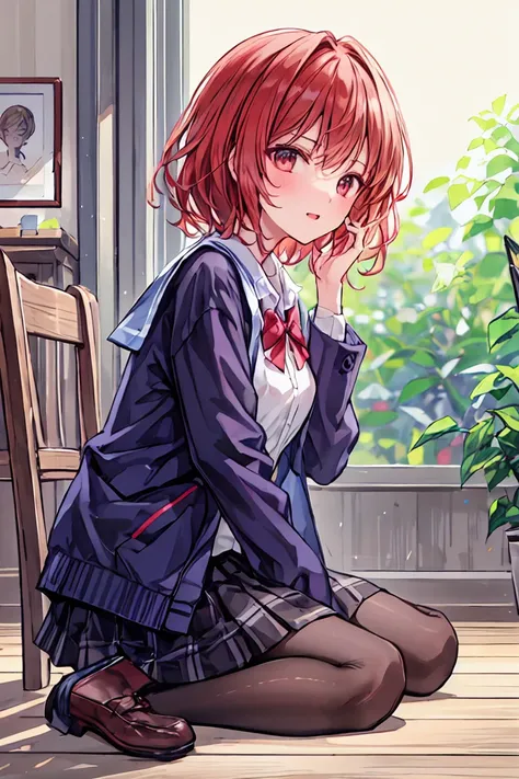 best quality,masterpiece, anime style,Perfect Anatomy,Alone,skirt,jacket,  socks, shoes,  brown footwear , ,  plaid ,Sneakers, blazer, brown hair,  plaid skirt, 黒い膝丈 socks,  Long Sleeve, Bans, Open your clothes, オープンjacket, bow, brown eyes, プリーツskirt, bow ...