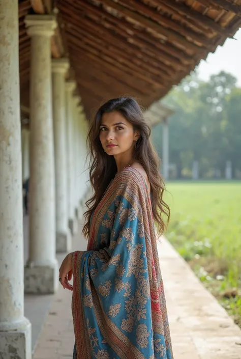 The light in the image is soft and natural, likely coming from daylight filtering through the open space in the background, creating a gentle and peaceful atmosphere. The model stands with her back against a pillar, looking directly into the camera, with a...