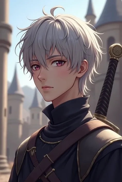 A young, very handsome, tall guy with Gojo Satoru's appearance and short silvery hair. He is dressed in medieval clothes with elements of armor, and a sword hangs on his side. He stands tall in the middle of the medieval city on a bright sunny day. The cha...