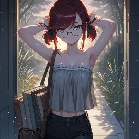 masterpiece, best quality, amazing quality, expressionless, :|, girl, satchel, glasses, adjusting hair,light particles, thin, books, dark red hair, swept bangs, low twin tails, hair ribbons, abs, stoic, gray eyes, strapless gray top with white frill trim, ...