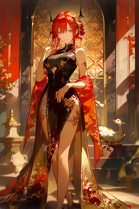 masterpiece, best quality, 8k ,4k , ((Solo), (girl), (age girl)), ((dragon girl), (red hair), (gray eyes), (big chest), (big boobs), (slender waist), (small waist), (small thigh), (horn), (hair ornament), (finely detailed eyes and detailed face)), looking ...