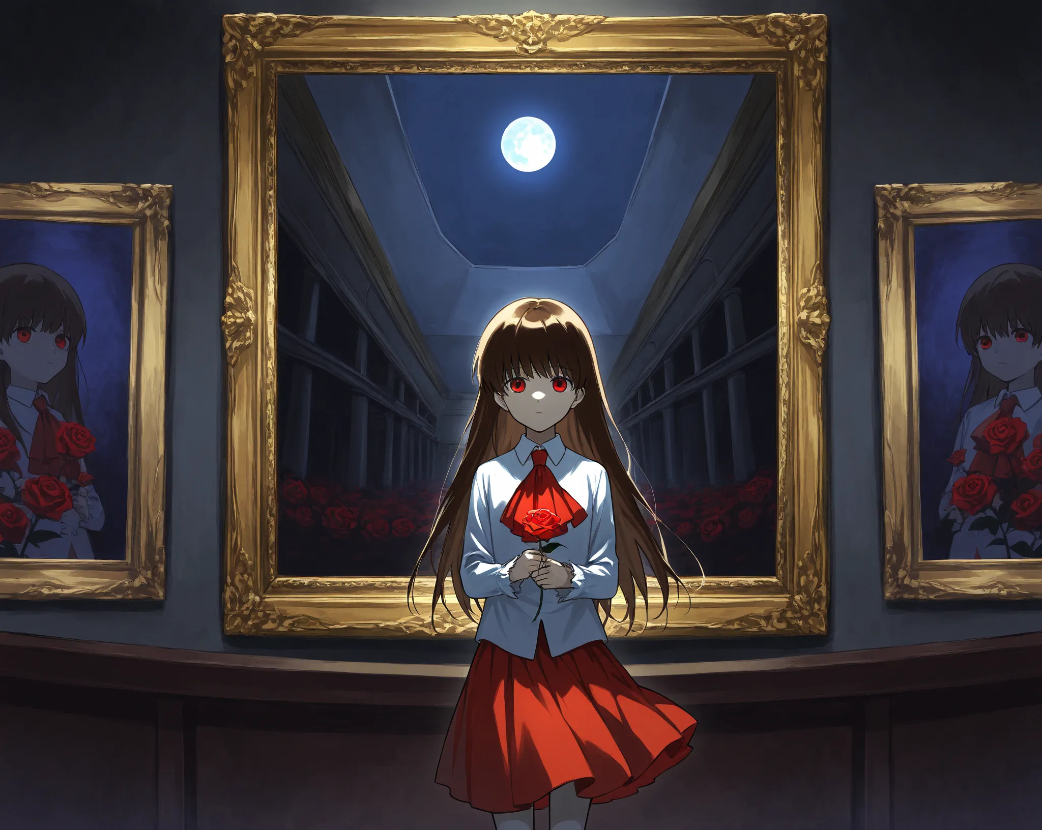  score_9,  score_8_up,  score_7_up,  source_anime,
IBIB, IB, long hair, red eyes, brown hair,
 ascot , red skirt, skirt, red  ascot ,  shirt, white  shirt, collared  shirt,  Long Sleeve,
indoors, museum, Painting,  Rose, flower, holding,  night , moon,
Alo...