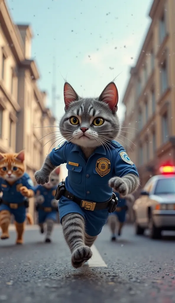 "A dynamic 3D-rendered animation of anthropomorphic cats dressed as police officers, running with urgency in front of a grand police station. The central character is a determined grey tabby cat in a blue police uniform, leading the charge with a serious e...