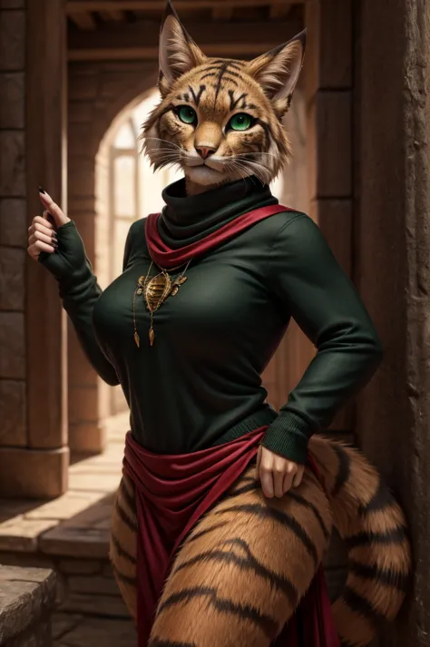 Tabaxi female with auburn fur and dark green eyes wearing dark thieves clothes.