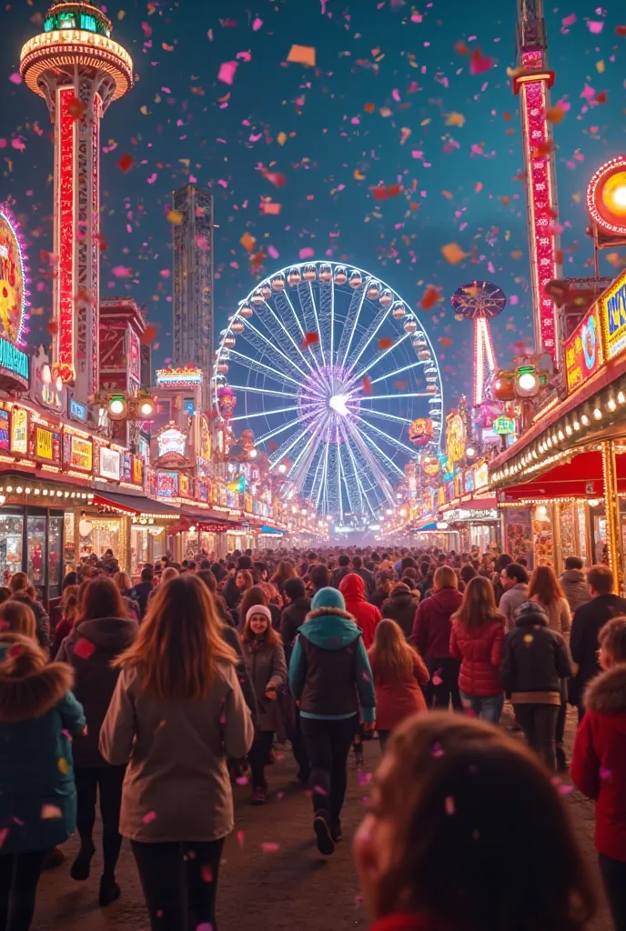 POV entering a carnival atmosphere with confetti, Vibrant lights and realistic intense motion Cinematik 8K at night