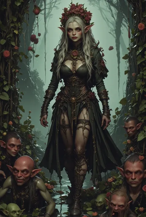 ghostly elf queen walking through lush forest showering her in blooms, red-skinned goblins dance and frolic around her, they have long ears, wicked yellow teeth, celebrating her, for she is their queen, she is deathly pale skin, blue and sickly, long silve...