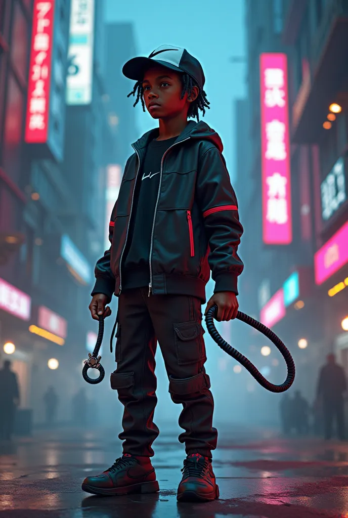 A black age boy wearing a Nike cap holding a whip cyberpunk theme 