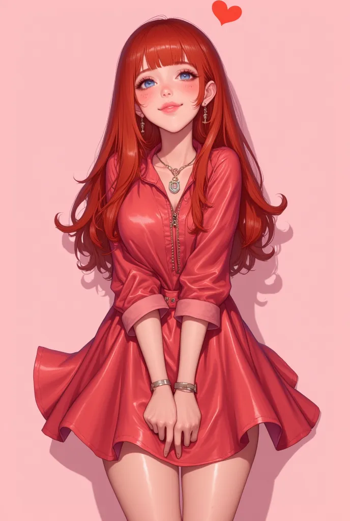 The picture features a cute  with a shadow in the back wearing a dress with long shiny red hair and bright blue eyes in anime style with a happy expression on her face. The background is a steady light pink color. above the girl there is a small red heart,...