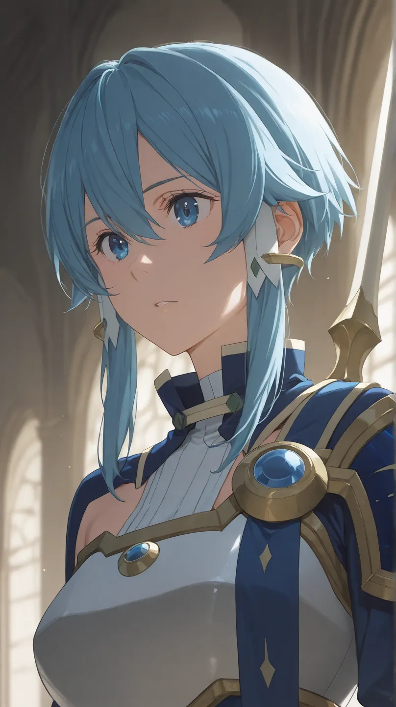 S1n0nS0lus、S1n0nS0lus, 1girl, hair between eyes, blue hair, sidelocks, blue eyes, short hair with long locks, armor, short hair,