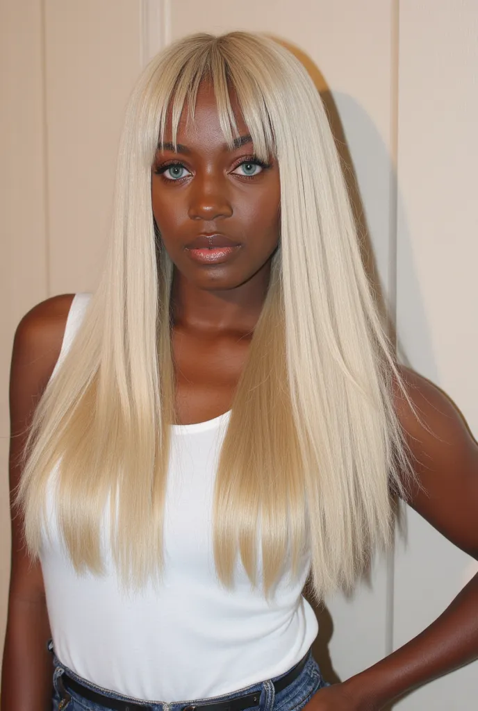 full-length portrait of a beautiful, dark-skinned black woman with long, flowing platinum blonde hair. Her striking blue green eyes and flawless, glowing complexion are highlighted by her natural makeup, showcasing her high cheekbones and full lips. 