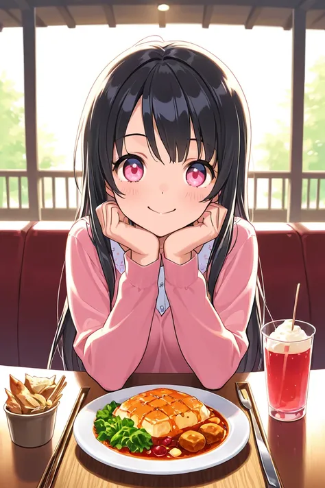 1girl, black hair, pink eyes, dinner, happy, 