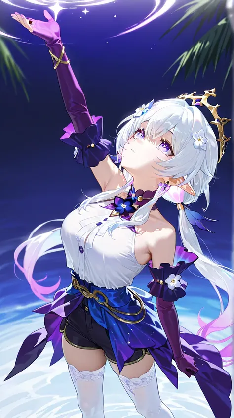 1girl,
white hair, flower hair ornaments,long hair,((low twin tails)),purple gloves, tiara, flower, ring,   earring, jewelry, bare shoulders,purple eyes, white hair, multicolored hair, colored inner hair,pointy ears, crown,elbow glove,
((white thighhighs))...