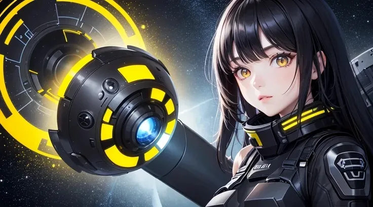 from future intelligence, technology complexity, effect mystery, signals, confident look, space black pioneer dress, yellow eyes, black hair