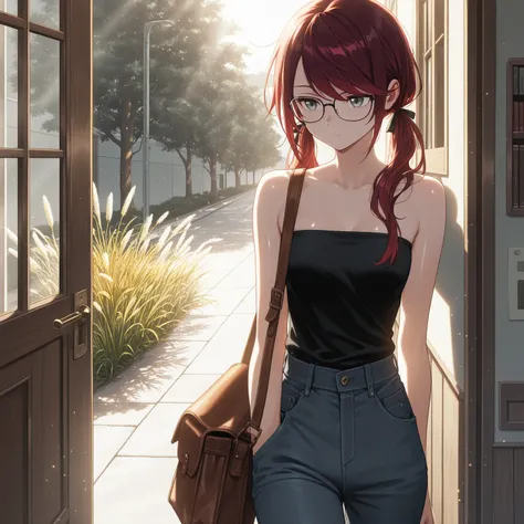 masterpiece, best quality, amazing quality, expressionless, :|, girl, satchel, light particles, thin, books, dark red hair, swept bangs, low twin tails, hair ribbons, stoic, gray eyes, strapless black top, glasses, jeans , shadows, morning, sun rays, drizz...