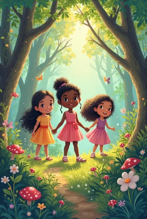 A picture for a ren's book with 3 girls in the forest, all 3 of which are different and one of them has a dark skin color.