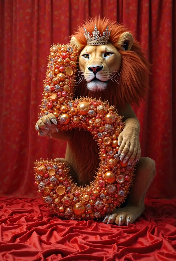 on the number 1 Generate a 3d image of the number 5 made of crowns and tiaras ,which stands in bright red silk behind it sits a huge volumetric lion with a long mane and a crown on its head, who placed a paw

