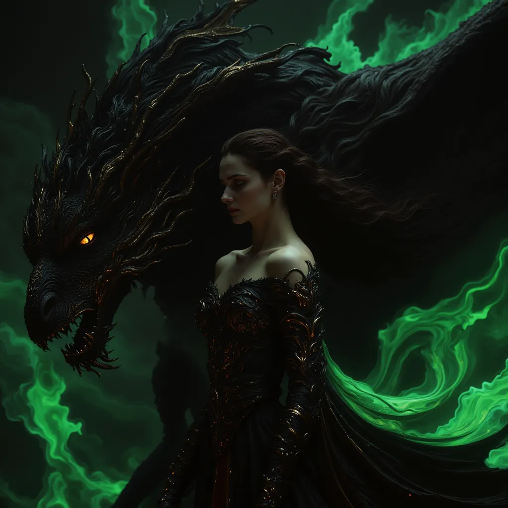  sexy girl, brunette with very long hair, Perfect body, is merged with a black dragon. Very detailed Dragon, She has an epic dress, Is there a green fire, The image is mysterious, ultra detailed, high lighting, Masterpiece. epic battle. Magical background.