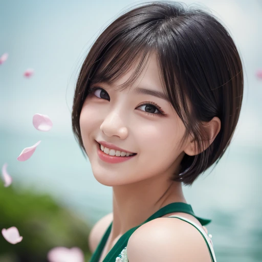 Beautiful and delicate portrait of a playful pretty girl with a short masculine hairstyle,  black hair, an emerald green sea,  mischievous smile , Dancing petals, ( top quality, Masterpiece,   ultra-realistic  )  flower petals floating in the background 