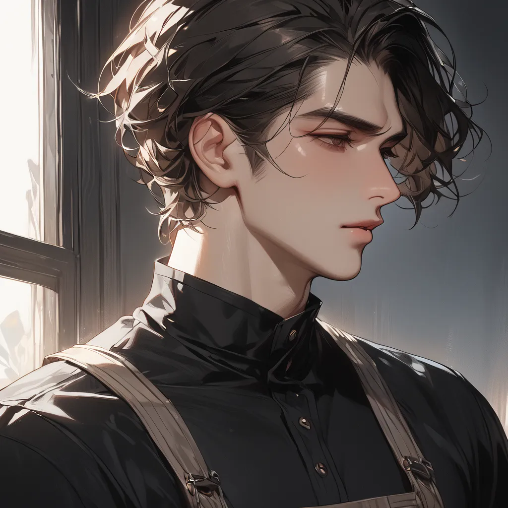 Hi-Res, masterpiece, anatomically correct, accurate, Highest quality, high definition model, very detailed, Ultra High Definition, 陶器のような肌 繊細な色使い handsome 成人男性 茶髪の短髪, The composition of wearing a black apron over a black shirt is centered on the upper body...