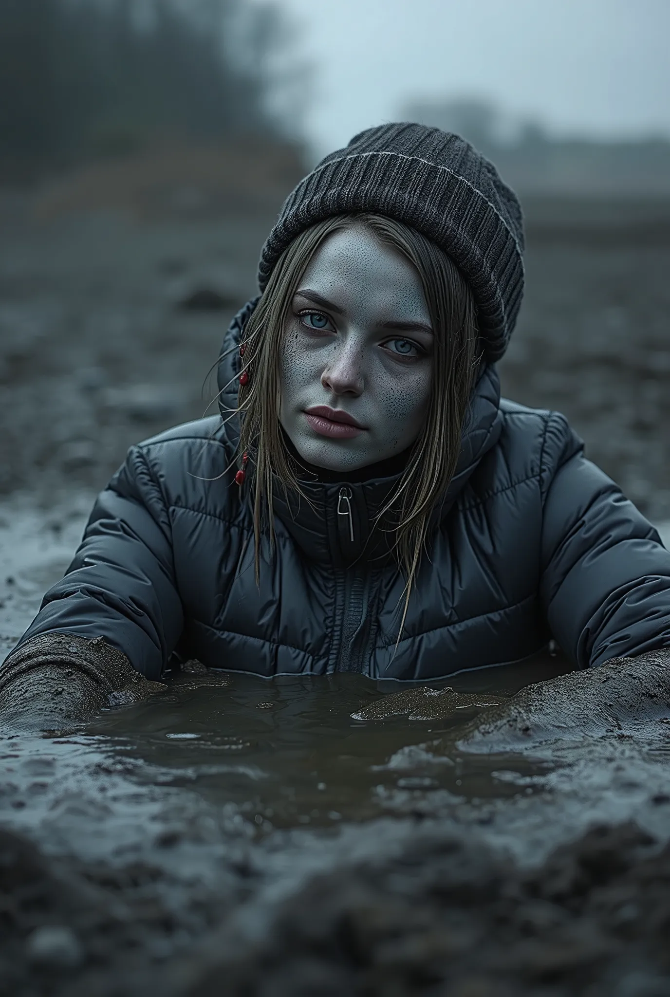 extremely detailed pale woman head in mud pit in washed dark lightweight down jacket,victim of the ritual, murky sludge drowned below mud pit,   fashion photo shoot, Poses,dark orgasm, Posing Sexually, provocative photo shoot ,  red green blue , knitted ha...