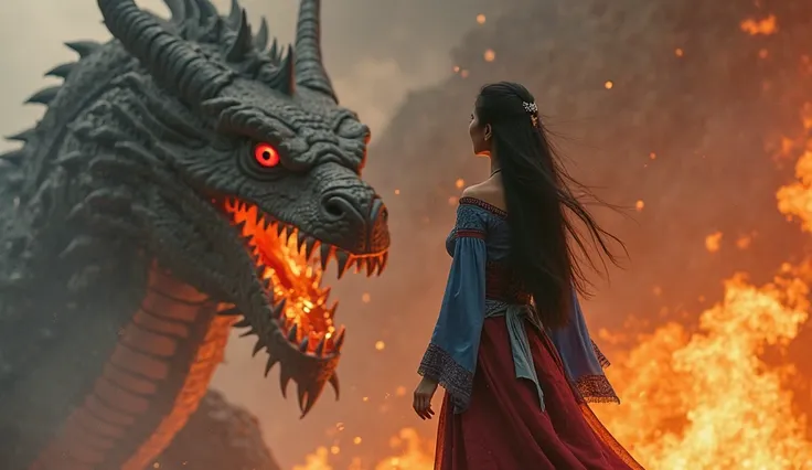 A dramatic shot of the dragon looming over "Princess Among" (A Malaysian woman with long black hair is wearing a long tribal-looking dress that is blue on top, has a long-sleeved dress, and a red dress on the bottom) , flames flickering around its mouth. I...