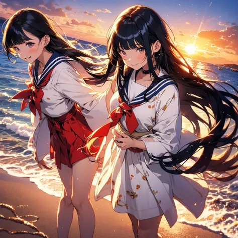 Japanese woman who looks like an idol ,long hair , straight hair , round face ,bust up , sailor suit , as shown in the picture , Golden sand beach at sunset 