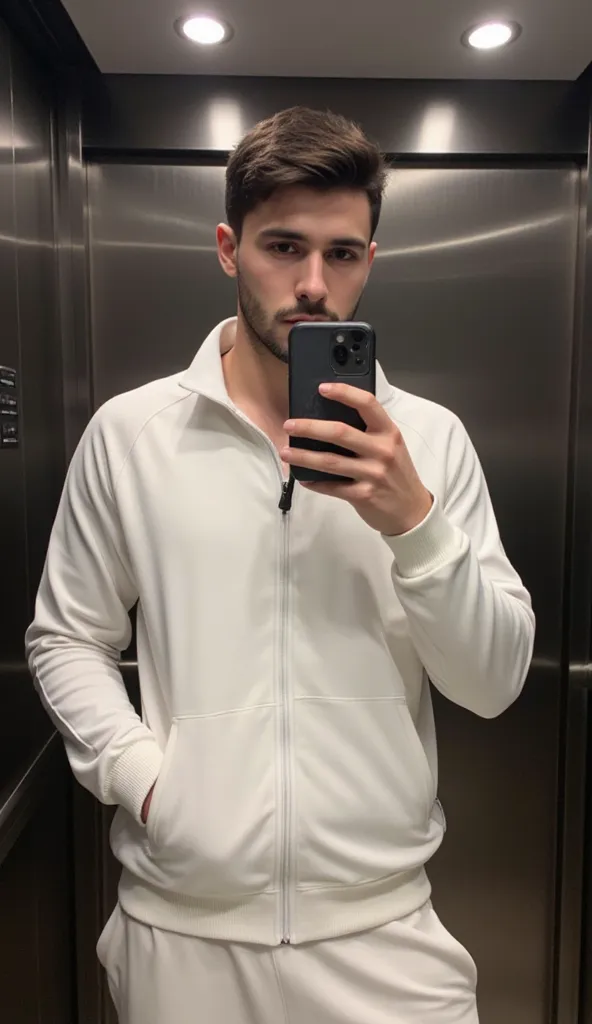 a handsome young turkish guy with muscle, dark very short hair fade middle parting and goatee beard  he wearing a white lacoste tracksuit and he is in a elevator amateur photo random picture and location is germany he has very much muscles he make the self...