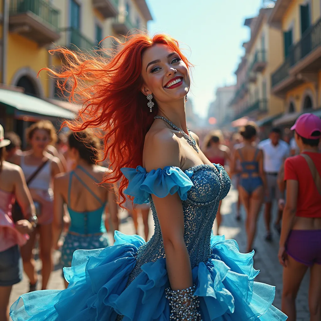  Elena Fernades ,  fiery red hair , bright blue eyes. Blue carnival costume, On a carnival procession, Laugh and have fun. masterpiece.  model pose. Very pretty woman, many other people.