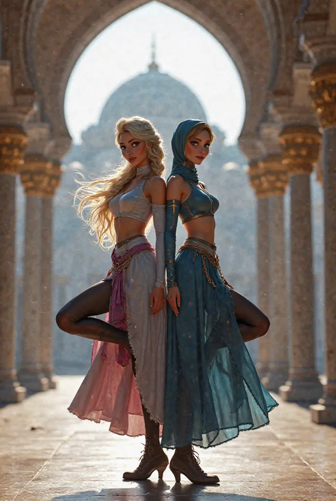 elsa and anna from frozen, high-low skirt, long legs, beautiful hair, large breasts, large ass, curvy, athletic skirt, curvy thighs, smiling, spreading legs out, showing her legs, crop top with no sleeves, cross chain, braided hair, kicking her left leg up...