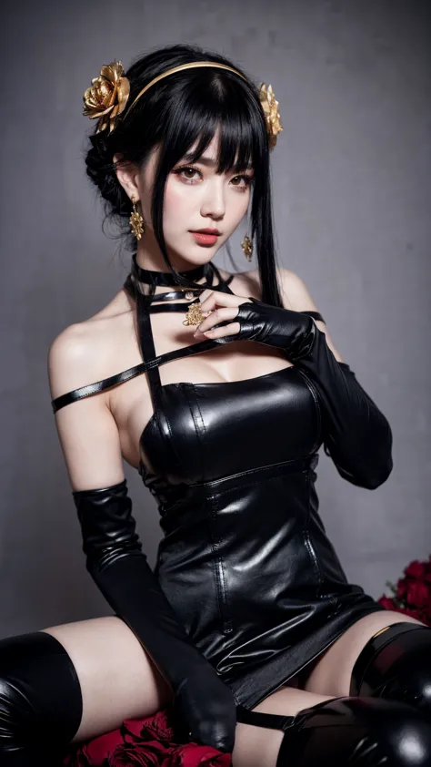 Yor Forger,yor briar,dress,black dress,black hair,hair ornament,flower,hairband,gloves,hair flower,black gloves,bare shoulders,gold hairband,breasts,sidelocks,red eyes,bangs,thighhighs,long hair,red lips,two-sided dress,black thighhighs,jewelry,boots,sleev...