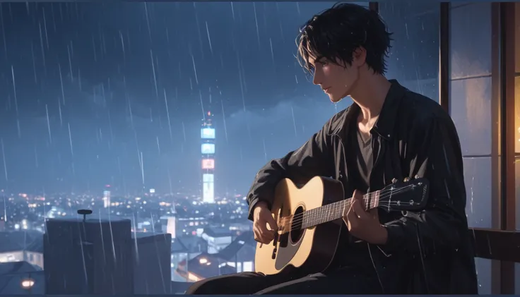 A lone man sits on a dimly lit balcony, rain drizzling around him as he strums his guitar. His wet hair clings to his forehead, and his eyes are lost in the distant city lights. Each note echoes through the night, blending with the rhythmic sound of raindr...