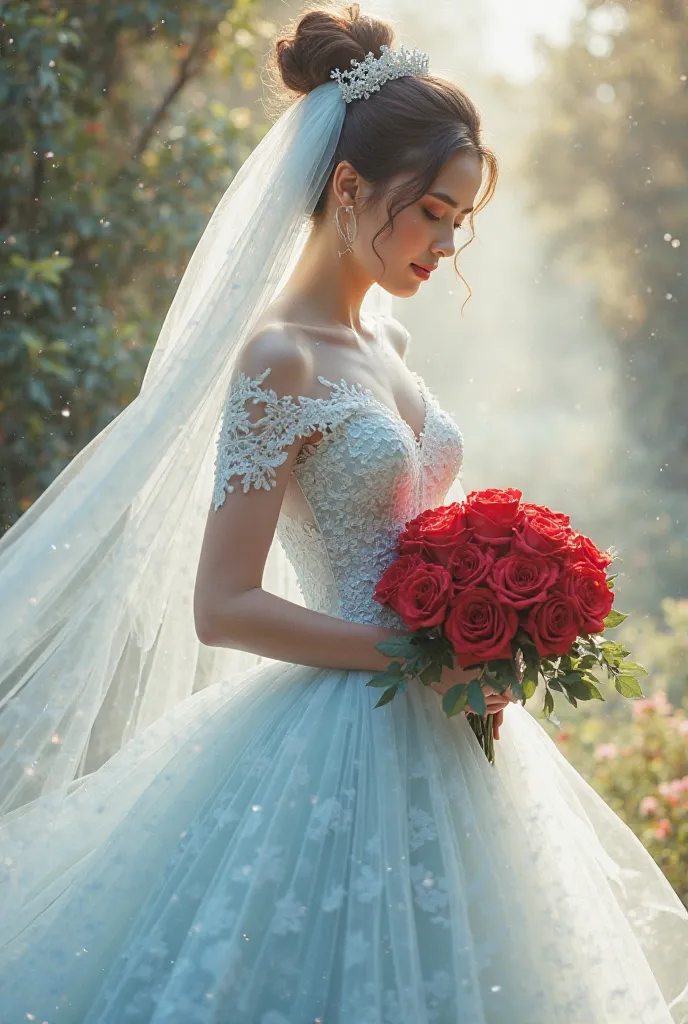 light blue whipped cream lace wedding dress, veil and bouquet of red roses