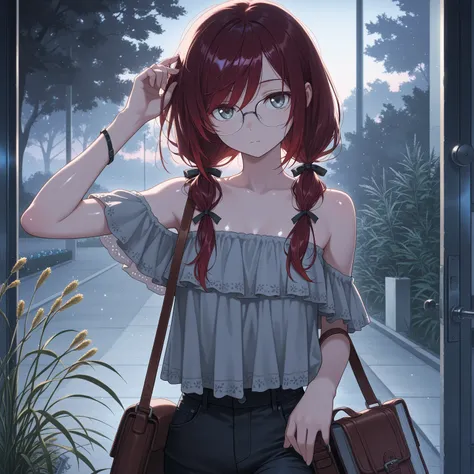 masterpiece, best quality, amazing quality, expressionless, :|, girl, satchel, glasses, adjusting hair,light particles, thin, books, dark red hair, swept bangs, low twin tails, hair ribbons, stoic, gray eyes, strapless gray top with white frill trim, black...