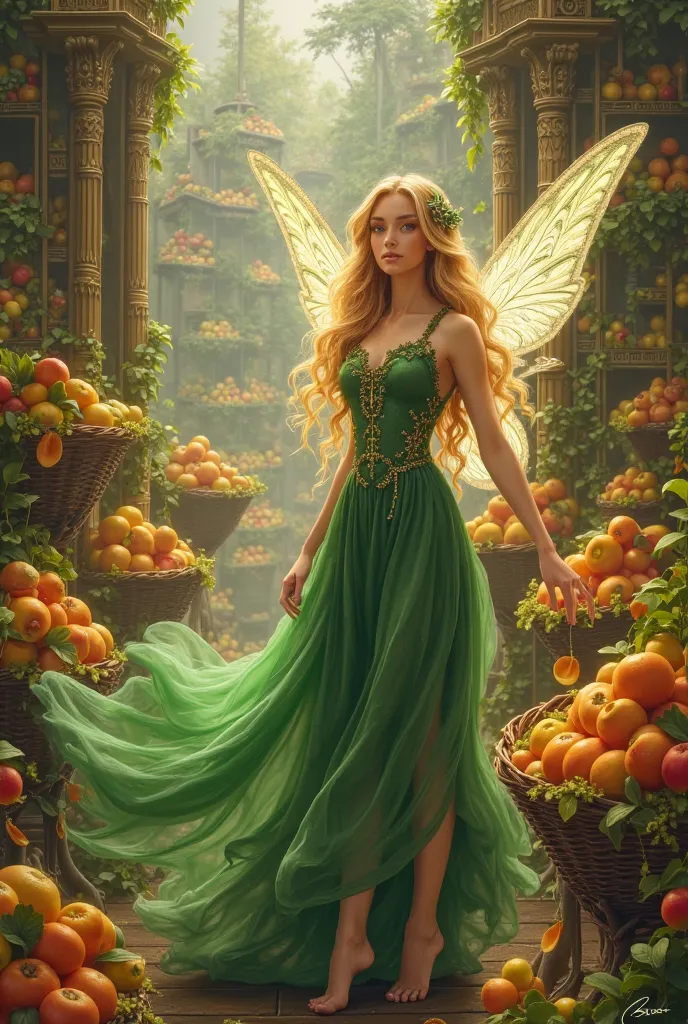 A blonde fairy in green dress in a big house full of fruits