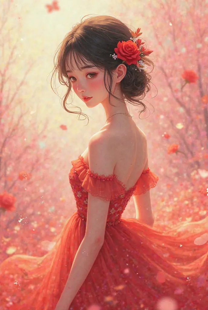  cute woman,Yumekawa Illustrations,Red and pink are the base,Red rose dress,The color of the nose is pale