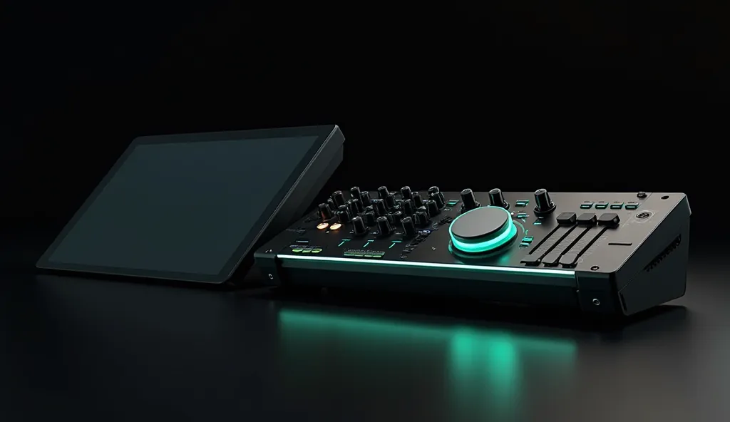 Futuristic audio interface device photographed slightly from above on absolute black background, widescreen format. Left side contains completely blank dark monitor (NO audio visualizations, NO waveforms, NO digital bars of any kind). Right side features s...