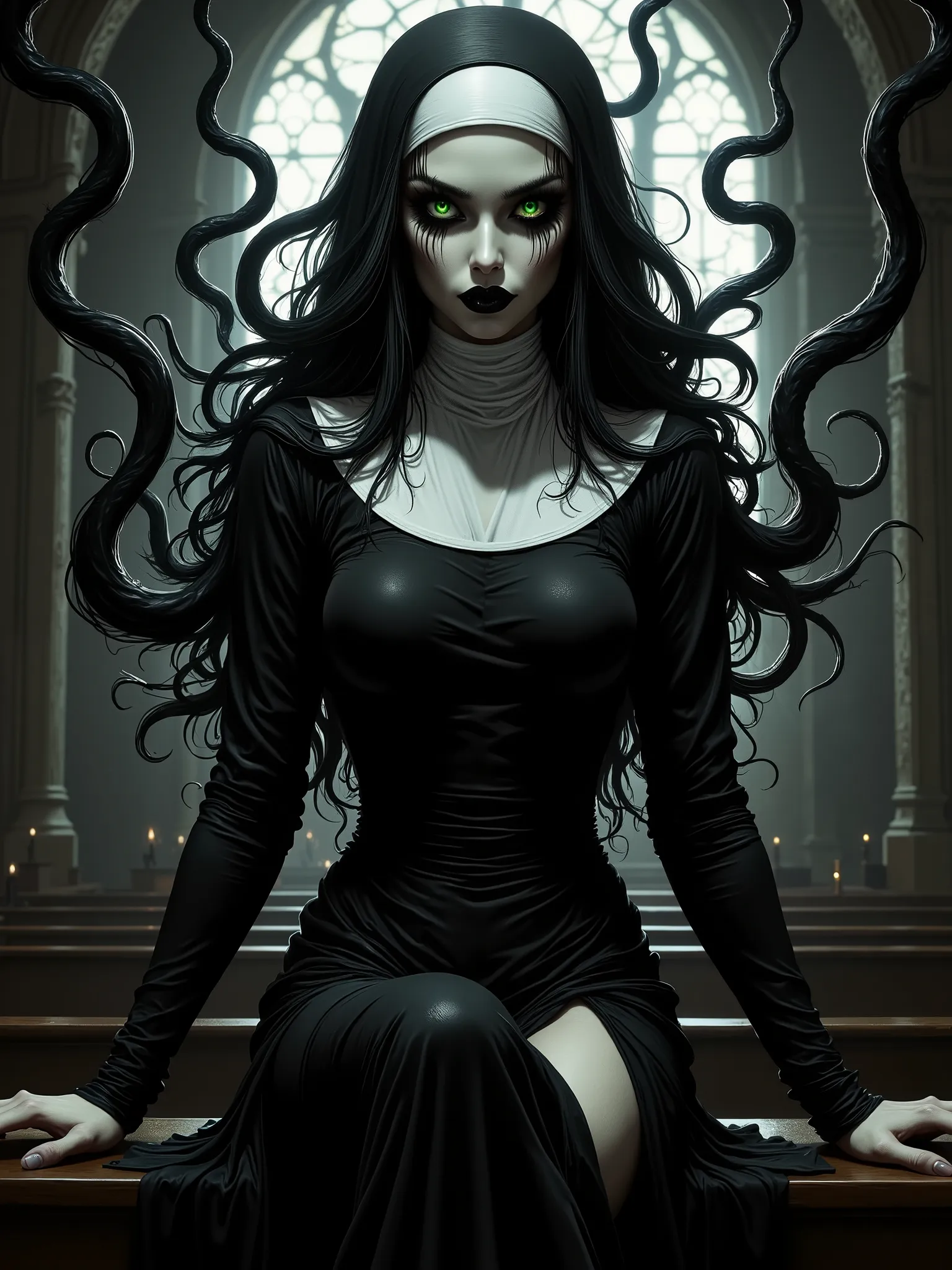 Illustration of a woman in her 30s, long straight black hair, model face, full body rounded by black tentacles made of dark shadows,  big green eyes, thick black lips, Extremely Pale Skin, Exuberant and very large breasts, sexy nun's clothing with a neckli...