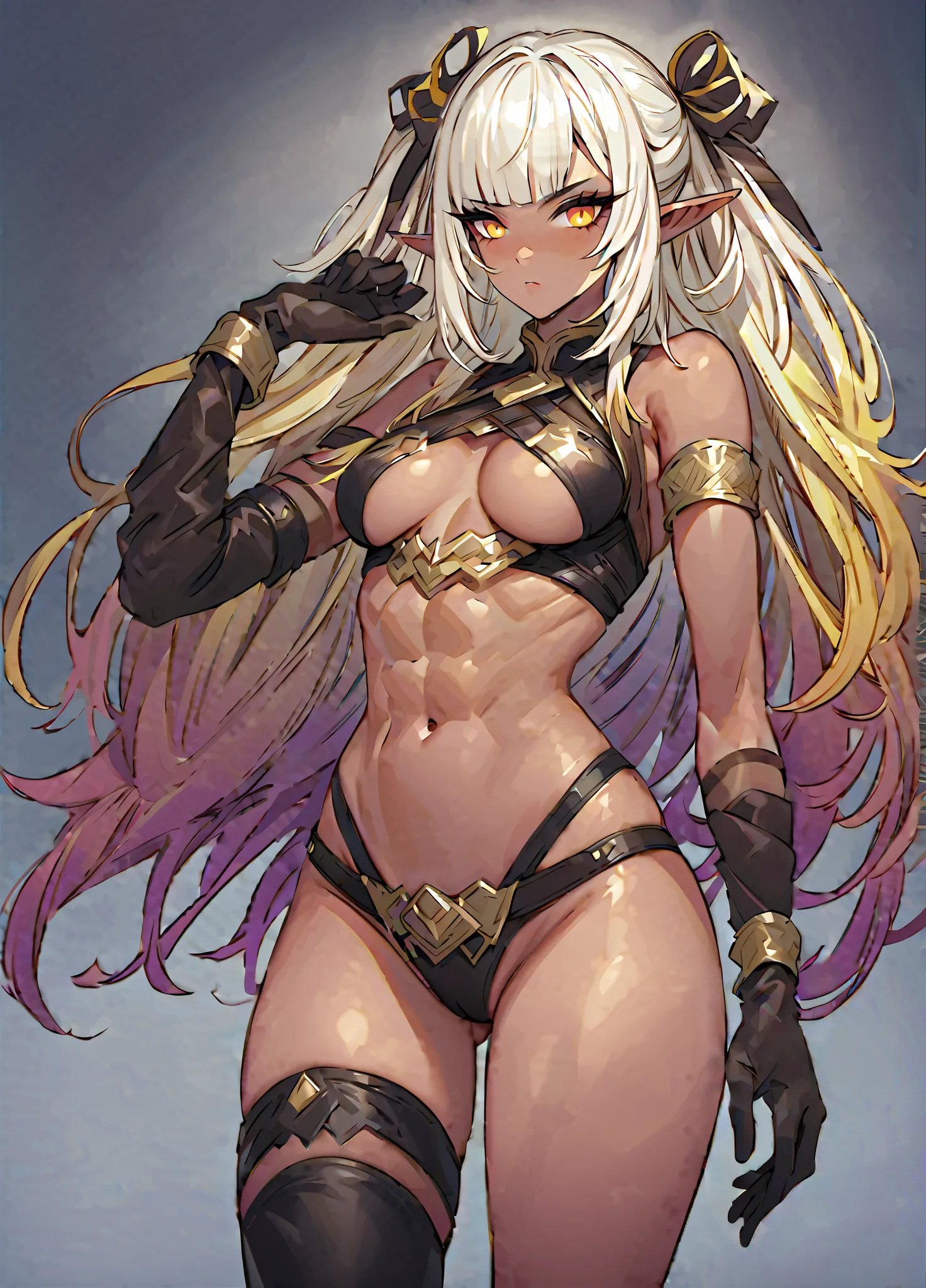 EvelynDG,multicolored hair, pointy ears, elf, gradient hair, blunt bangs,  dark-skinned female, hair  ribbon, yellow eyes,thigh boots, single thighhigh, revealing clothes, ribbon,, visible abs, detailed, crop top, sleeve, armbands, gloves, belt, simple bac...