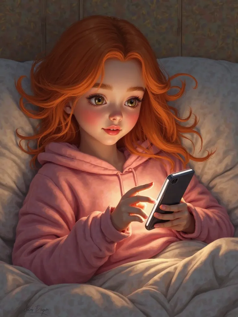 generate an image of a girl with long orange hair texting someone on her phone, laying in bed, wearing a pink hoodie