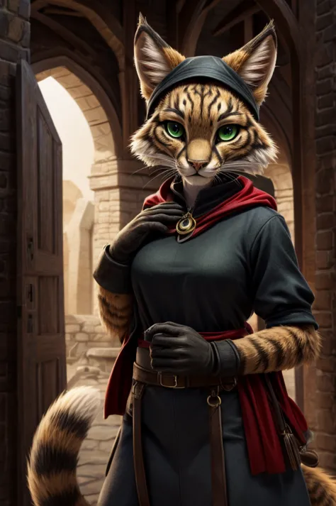 Black Tabaxi female with black fur and dark green eyes wearing dark thieves clothes.