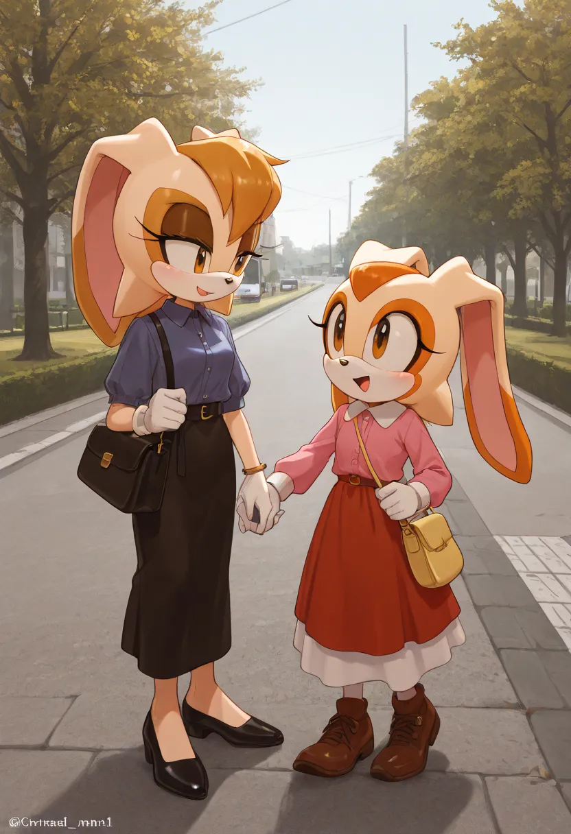 two women are looking at one another while speaking to one another near a park, multiple girls, 2girls, bag, road, outdoors, long hair, street Vanilla The Rabbit, 🐇