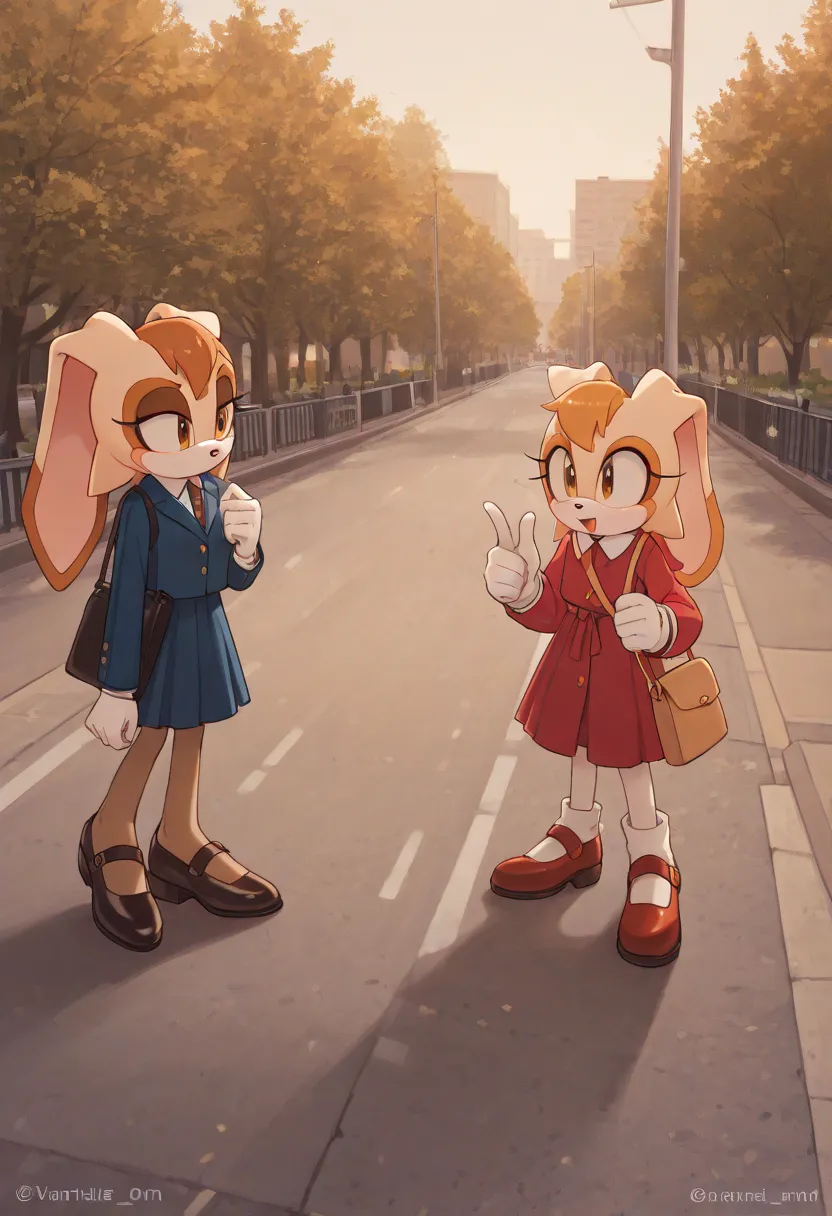 two women are looking at one another while speaking to one another near a park, multiple girls, 2girls, bag, road, outdoors, long hair, street Vanilla The Rabbit, 🐇