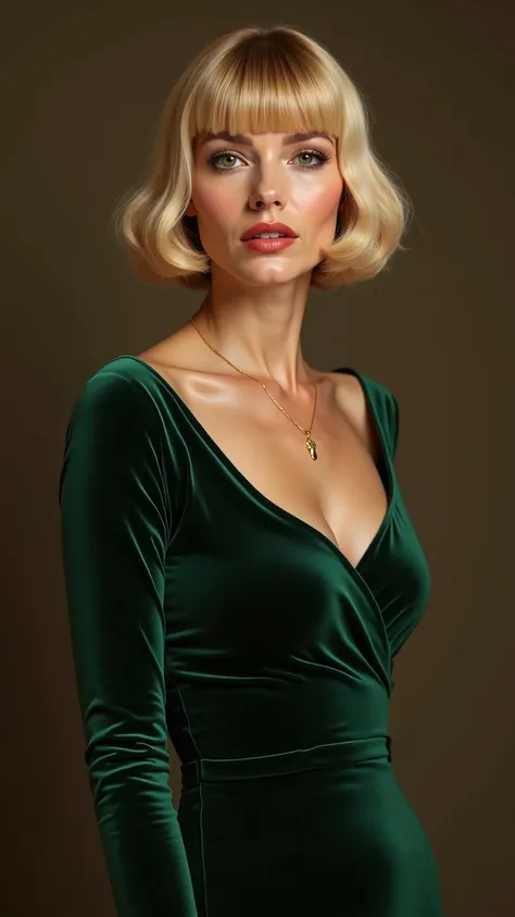 A woman in her thirties, with striking features: blonde hair, piercing green eyes, a prominent forehead, a large straight nose, and defined cheekbones. Her bob hairstyle is elegantly styled with bangs, complementing the evening makeup she wears. She dons a...