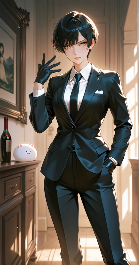 insanely detailed,
She is beautiful.
looking away,
Alluring mystique, 
She is standing.

Contrapposto, Tippy Toe, 
She is tall and beautiful with her shapely figure.
slender, hand in pocket, confident stance, 

She is wearing a formal black suit.
black sui...